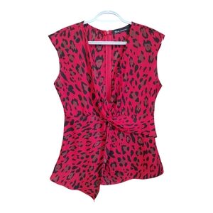 Red and Black Asymmetrical Blouse with Plunge V-Neck and Cap Sleeves